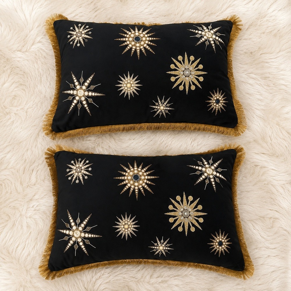 Catherine Martin Anthropologie Starry Night Black Beaded Velvet Lumbar Pillows 2